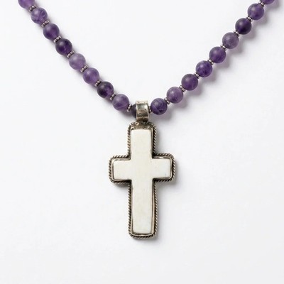 Desert Gypsy Amethyst Necklace   Amethyst Beads with Hand-Carved Cross Pendant