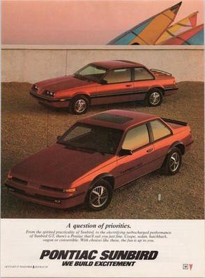 Pontiac Sunbird 1986 Vintage Print Ad Turbo GT Red Cars Poster