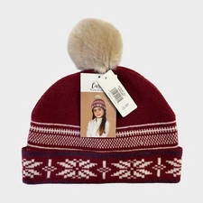 Simply Noelle Burgundy White Snowflake Pom Pom Beanie Winter Knit Hat NWT