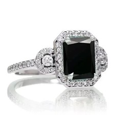 14K White Gold Plated 3.40Ct Emerald Lab-Created Black Diamond Proposal Ring
