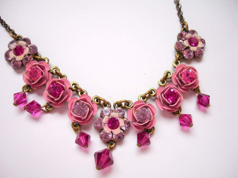 Michal Negrin Parure Necklace Crystal & Pink Enamel Flowers, 18" long