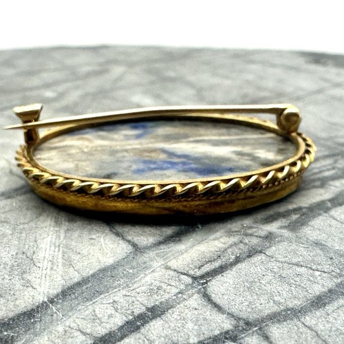 Antique 14K Pietra Dora Brooch Vibrant Lapis Lazuli Backdrop w MOP Petals - Picture 7 of 9