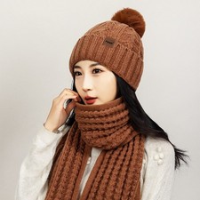Winter Knit Hat Scarf Set for Women, Warm Knitted Pom Pom Beanie Long Scarf