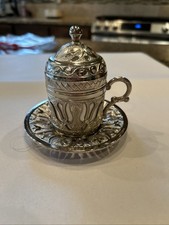Turkish Coffe Cup Set - Porcelain Cup Inside Silver-toned Metal Holder W/ Lid