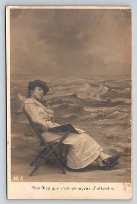 Edwardian RPPC Woman Stormy Sea French Caption Antique Postcard M.F.