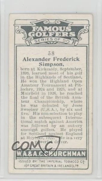 1927 Churchman's Famous Golfers Tobacco Small Alexander Frederick Simpson #38 - Image 2 of 2