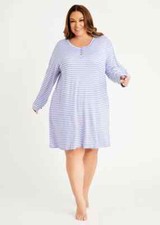 Nwt 52 CAROLE HOCHMAN Blue Striped Long Sleeve SOFT KNIT Nightgown POCKETS 2X