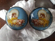 Pair Of Vintage Bridle Rosettes Domed Wagon And Oxen On Blue Background 1.75in