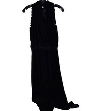 Shoshanna 2 Black Velvet Midi Dress Sleeveless Ruched Neck Sharkbite Hem Evening