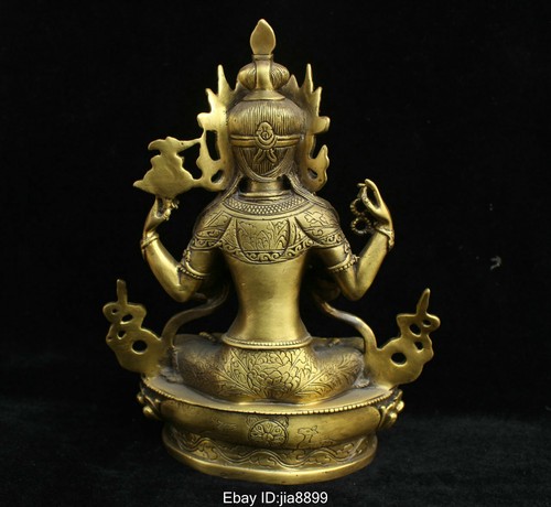 Tibet Buddhism Bronze Brass Louts 4 Arms Chenrezig Buddha Statue Sculpture - Picture 8 of 8