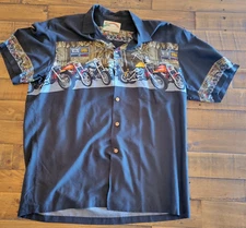 VTG Made Hawaii Hawaiian Shirt Paradise Found Rayon Tiki Motorcycle Lg Aloha HTF