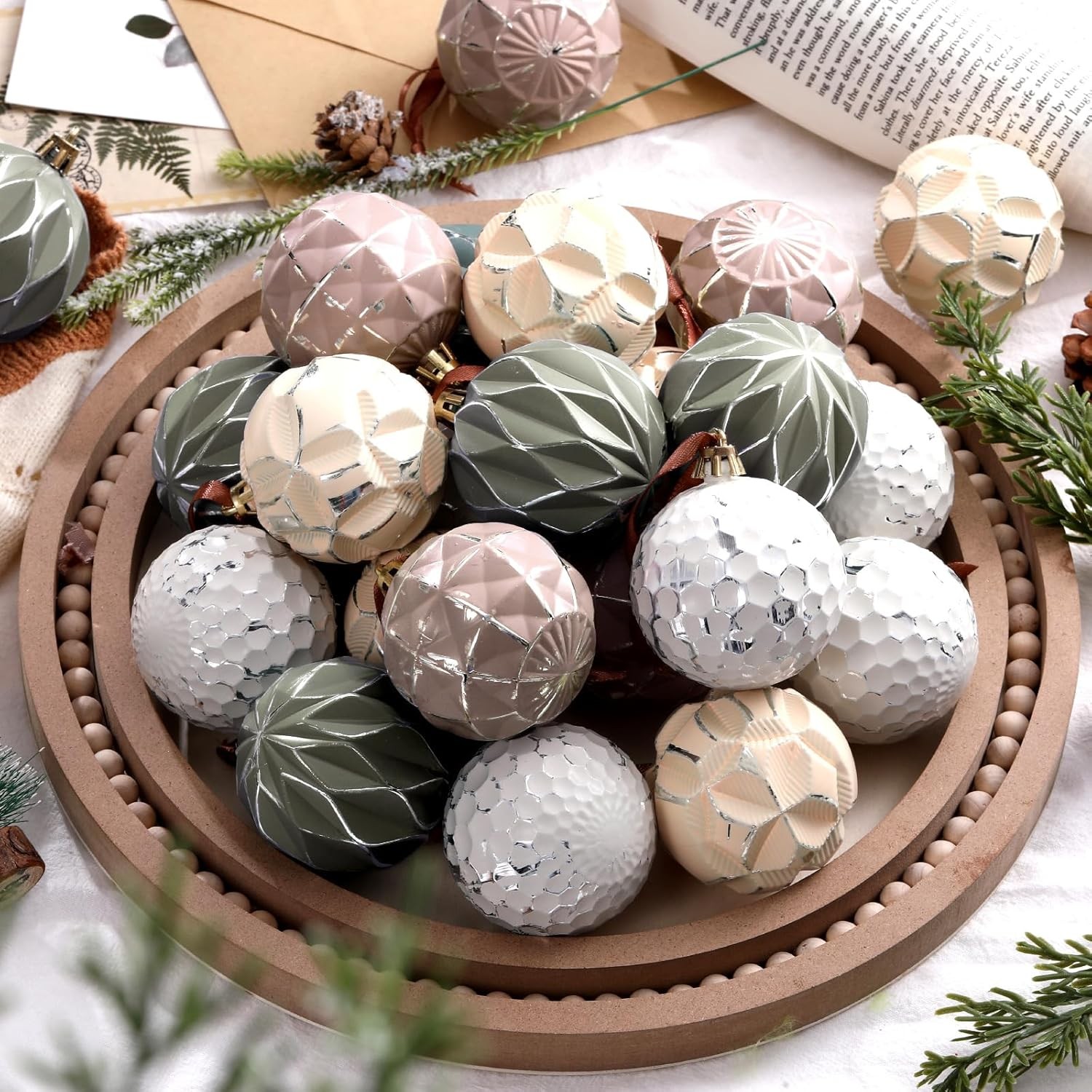 Syhood 12 Pcs Neutral Textured Christmas Ball Ornaments 2.4 Inch 