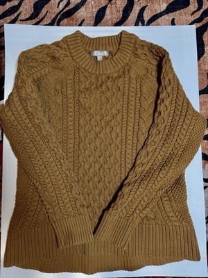J. Crew Cable Knit Fisherman Sweater Crew Neck Camel Tan Cotton Size Medium
