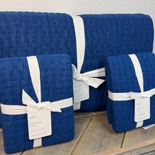 POTTERY BARN PICK-STITCH HANDCRAFTED QUEEN QUILT  2 EURO SHAMS CAPRI BLUE