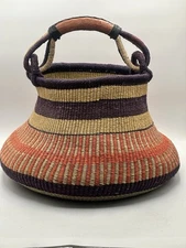 Elephant Grass 17” Base Bolga Pot Basket With Handle Purple Orange Natural