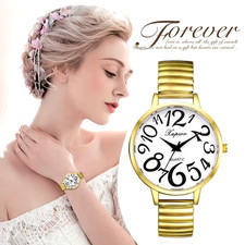 Women Analog Quartz Round Stretch Band Watch Large Arabic Numeral Scale Dial New