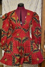 GF GRASS-FIELD Red African Wax / Kitenge / Ankara short dress V-neck size 12 L 