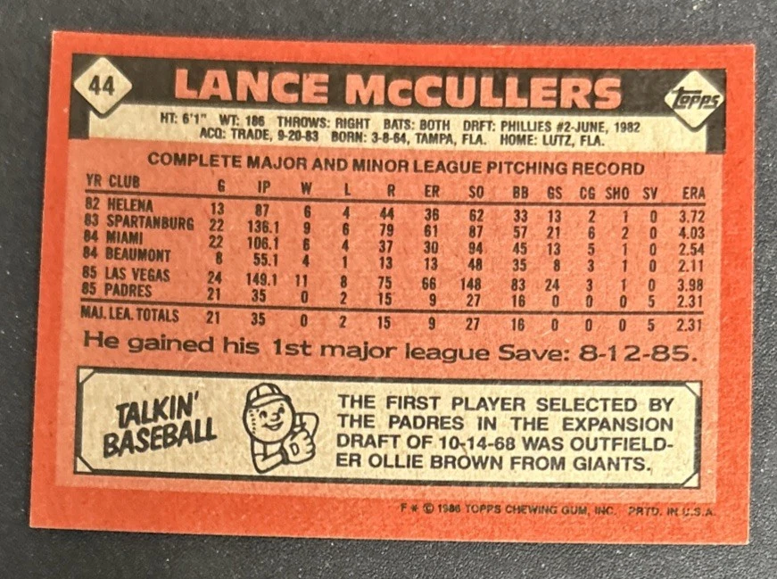 1986 Topps Lance McCullers Baseball Rookie Card (RC) #44 Padres Pitcher VG O/C - Image 2 of 2