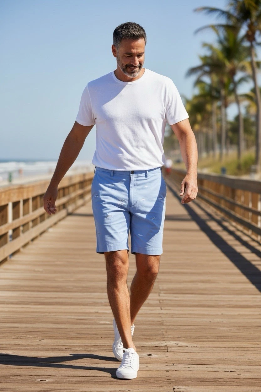 Ralph Lauren Light Blue Embroidered Fish Chino Cotton Shorts Button Flat Front