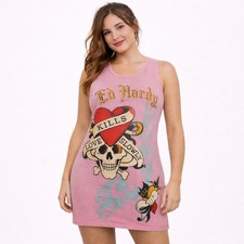Ed Hardy Pink Graphic Tank Dress Tattoo Skull Heart Bodycon Size XXL