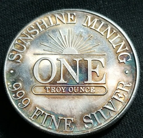 1984 Sunshine Mining 1oz Silver Round - VINTAGE BULLSEYE TONING - Rare Patina