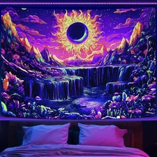 Invoibler Blacklight Sun Tapestry UV Reactive Waterfall Mountain Wall Hanging Gl