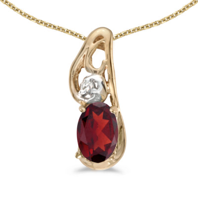 10k Gelbgold ovaler Granat und Diamant Anhänger mit 18'' Kette
