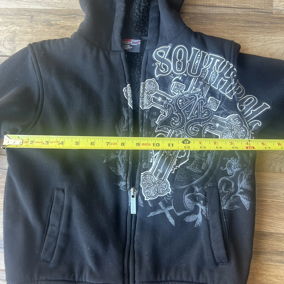 Southpole Y2K 黑色连帽衫全拉链夏尔巴夹克男孩青少年尺寸 M (5) 图形 — 第 3/4 张图片