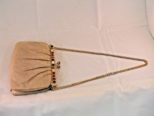 Vintage Judith Leiber lizard skin and semi-precious stones purse - Afbeelding 1 van 12