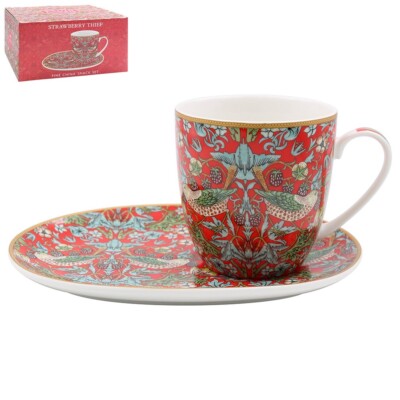 William Morris' Strawberry Thief (rot) Design - Becher und Teller Snack Set