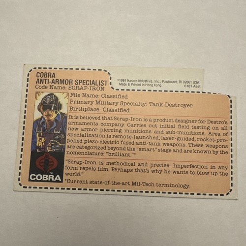 1984 GI Joe ARAH Scrap Iron JC Penney Mail Away Red Back File Card HASBRO