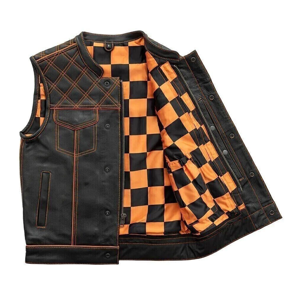 Men's Black Leather Vest Orange & Black Checker Inner Motorbike Riding Waistcoat
Opens in a new wind