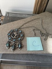 Vintage Nefertiti Faux Turquoise Scarab Egyptian Revival Pendant Silver Tone