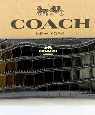 COACH OUTLET Crocodile Black Gold Logo Long Wallet Round Zip Rare