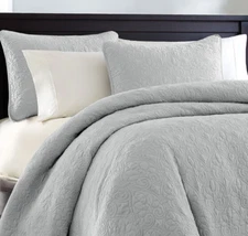 GRAY MATELASSE 3pc Full Queen QUILT SET : GREY COTTON FILL COVERLET COTTAGE
