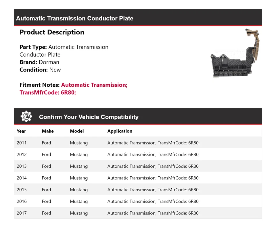 Placa conductora de transmisión automática 2012 para Ford Mustang Dorman 2011-2017 Foto 2 de 4