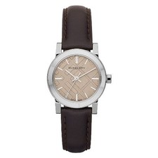 NEW-BURBERRY BROWN LEATHER WITH CHECKED CHAMPAGNE DIAL WATCH BU9208