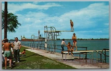 Marine City Michigan St. Clair River Swimming Diving Board Freighter c1957 PC