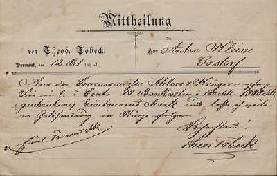 PYRMONT, Brief/Autograph 1893, Theod. Tobeck