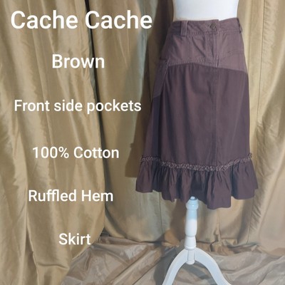 Cache Cache Brown 100% Cotton Pocket Ruffled Hem Skirt  Size 42 ( Us 10)