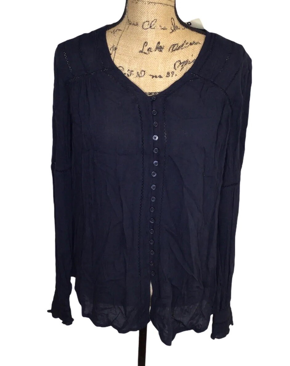 Bass Womens Tunic Top Shirt  XS Long Sleeve Button Front Dark Blue  Juniors