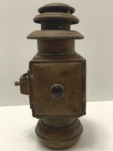 Antiq CARRIAGE LANTERN Car Buggy Lamp FM&Co Beveled Glass Red Jewel Burner Clamp - Imagen 4 de 12