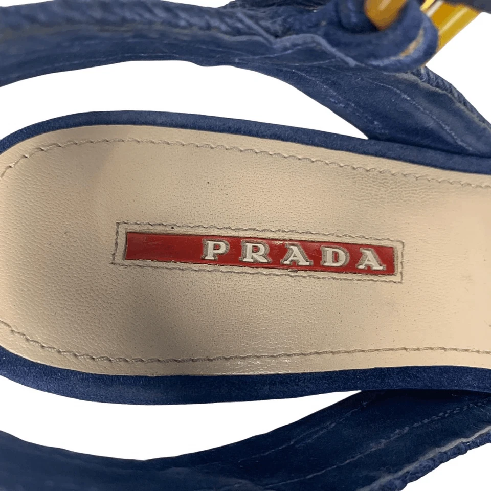 Prada Logo Blue Suede Bow Platform Espadrilles EU 37 Slingback Buckle Wedges - Image 4 of 4