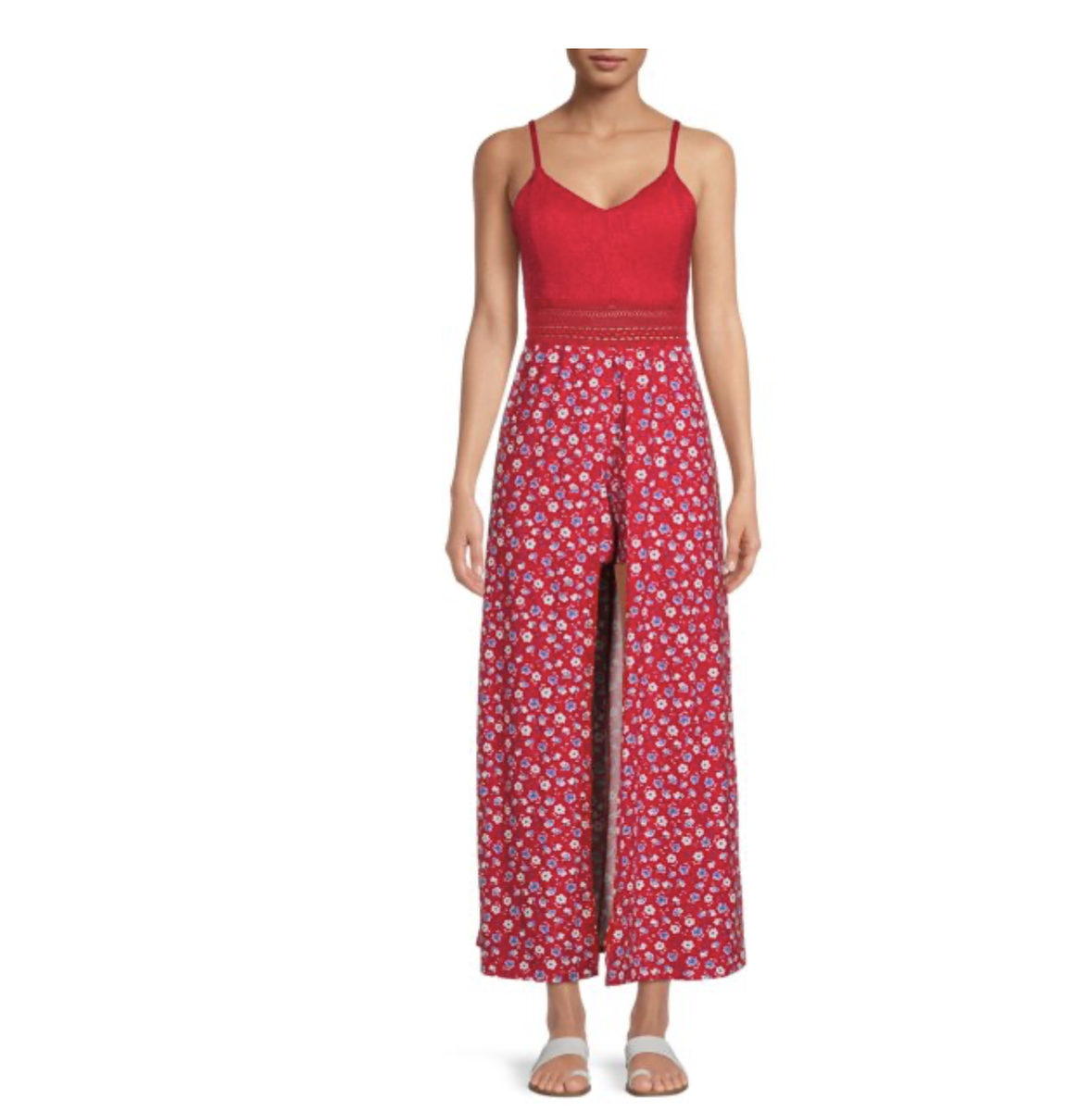 No Boundaries Juniors' Red Floral Walk-Through Maxi Romper, XS (1