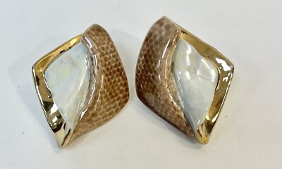Ceramic Gold Ivory & Taupe Pierced Earrings Post Style. Folded & Glazed Ceramic