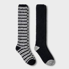 Women's Striped 2pk, Size 4-10, Cozy Knee High Socks - Black/White