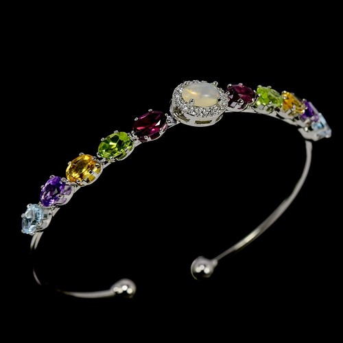 REAL AAA OPAL AMETHYST CITRINE RHODOLITE CZ STAINLESS STEEL CUFF BANGLE SIZE 6 - Picture 2 of 6