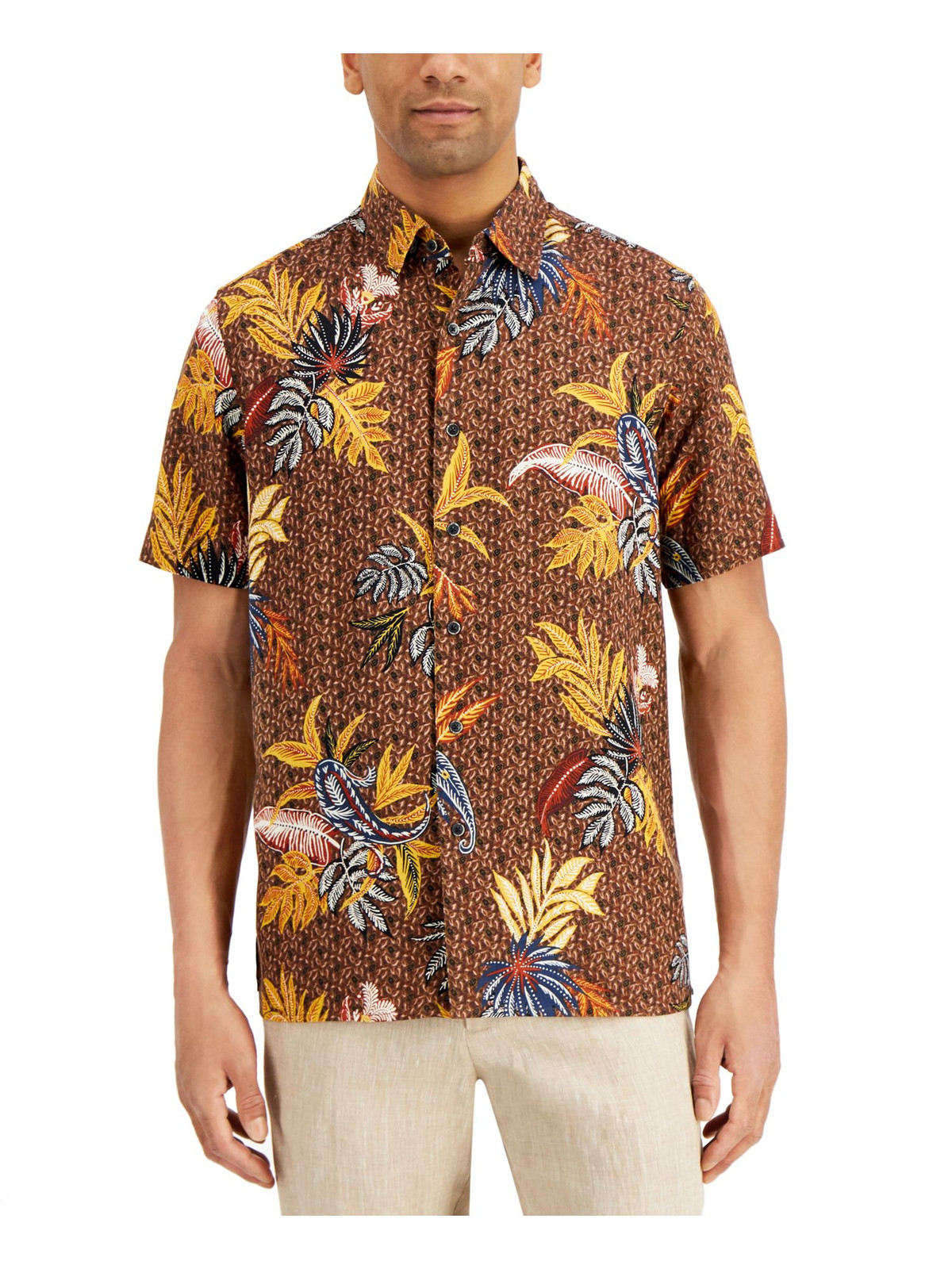 Мужская шелковая рубашка классического покроя на пуговицах TASSO ELBA с коричневым воротником и принтом S