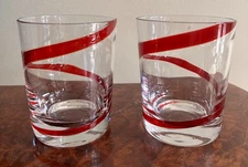 Beautiful Pier 1 SWIRLINE RED Double Old Fashion Glasses 4 1/8" Set of 2 Swirl