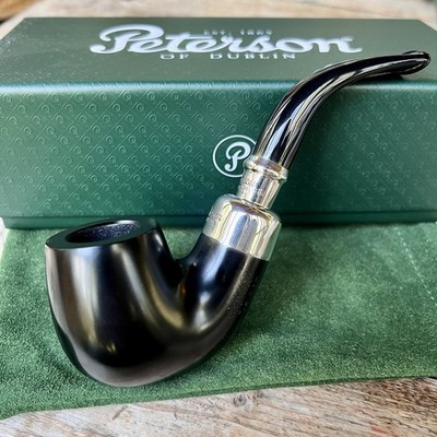 Peterson Ebony Spigot Bent Billiard (X220) Tobacco Pipe Sterling Silver -  New